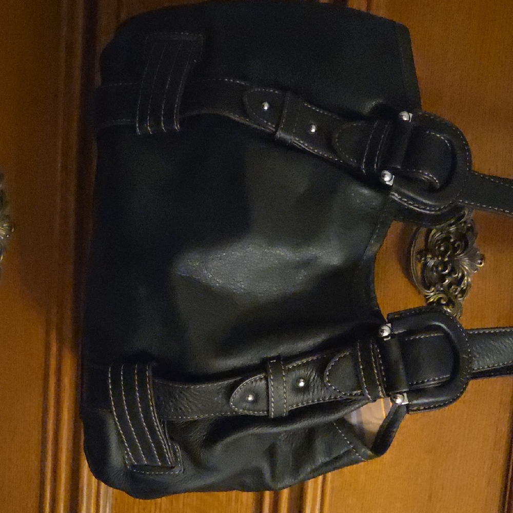 Black Leather Handbag with Buckle Accents